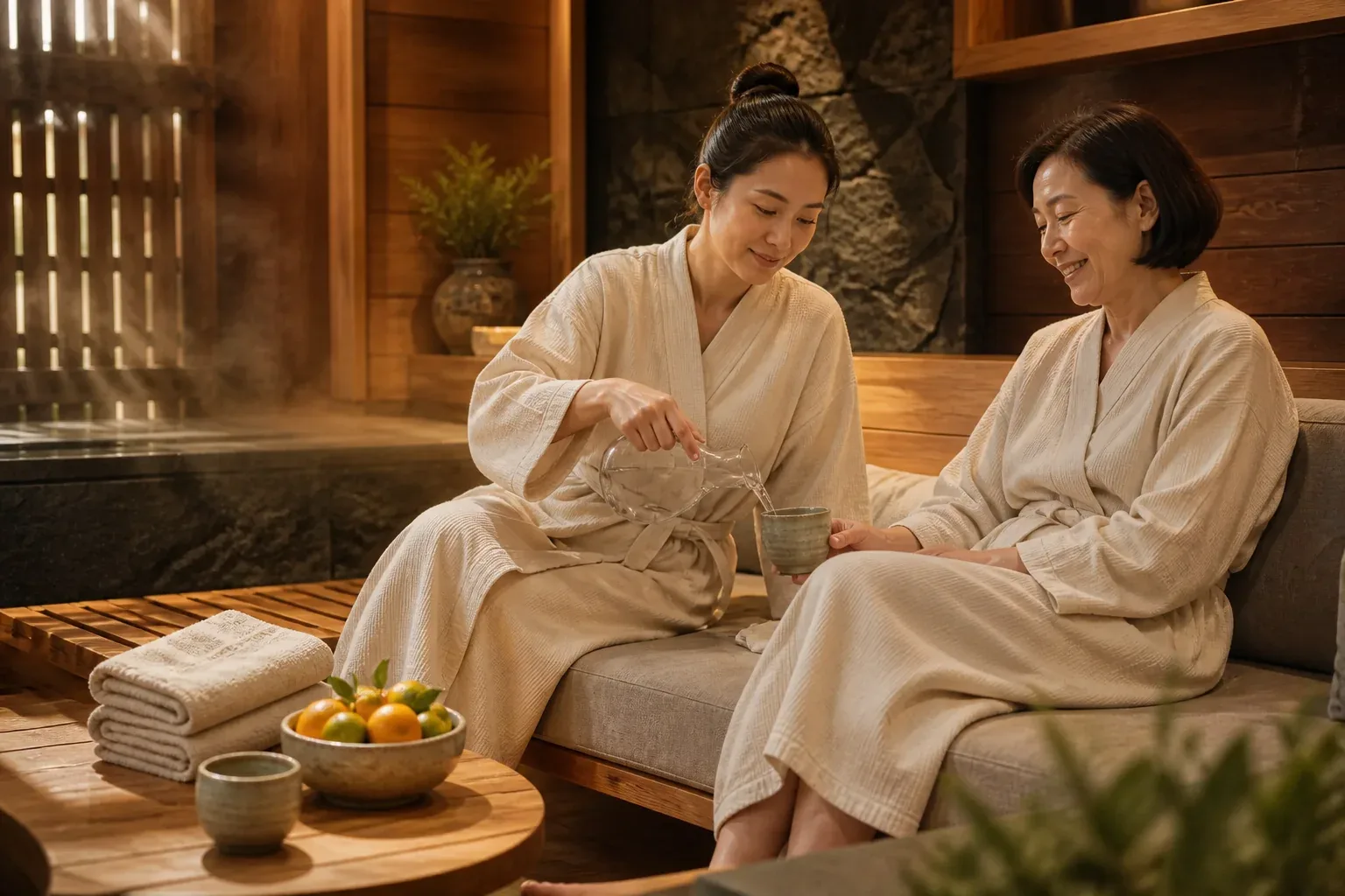 Illustrative campaign scene of two guests resting with water, fruit, and towels.