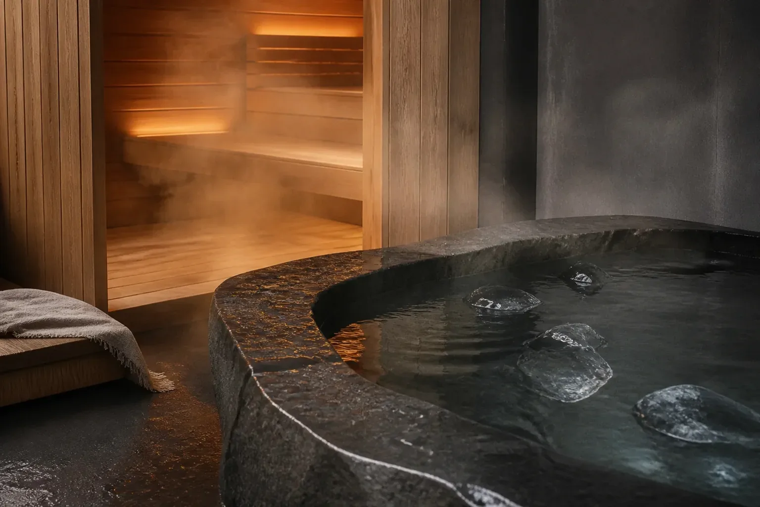 Illustrative campaign scene of a warm sauna beside an Ice Bath.