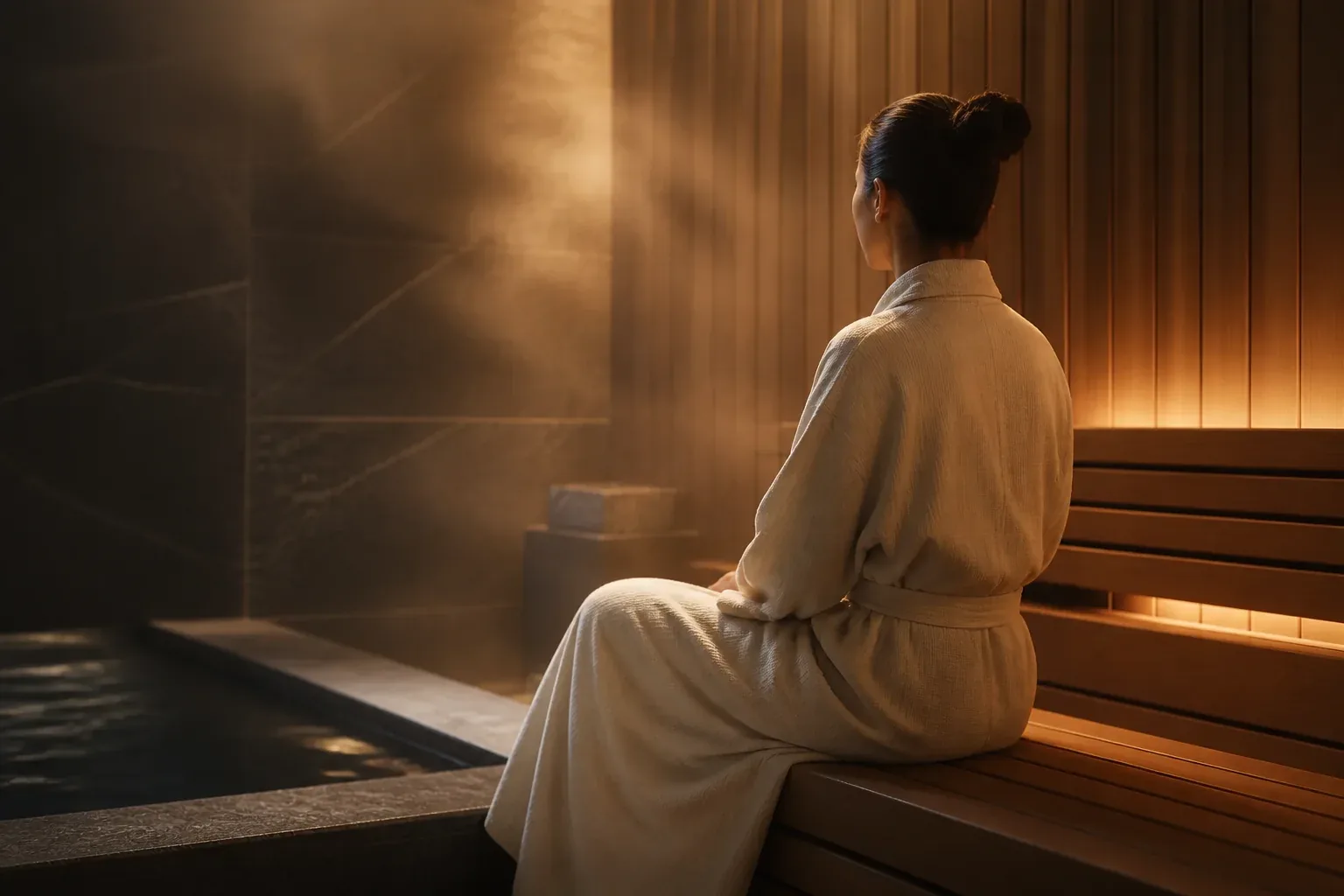 Illustrative campaign scene of a guest resting in a warm wood sauna.
