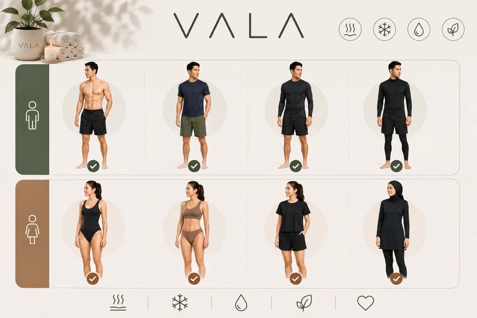 What to wear: men in swim shorts or a rash guard, women in a swimsuit, sports bra, or full cover swimwear. The same details are written beside the image.