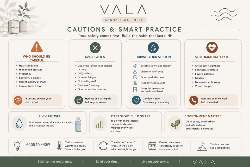Summary of sauna and Ice Bath cautions and safe practice. The same details are written beside the image.