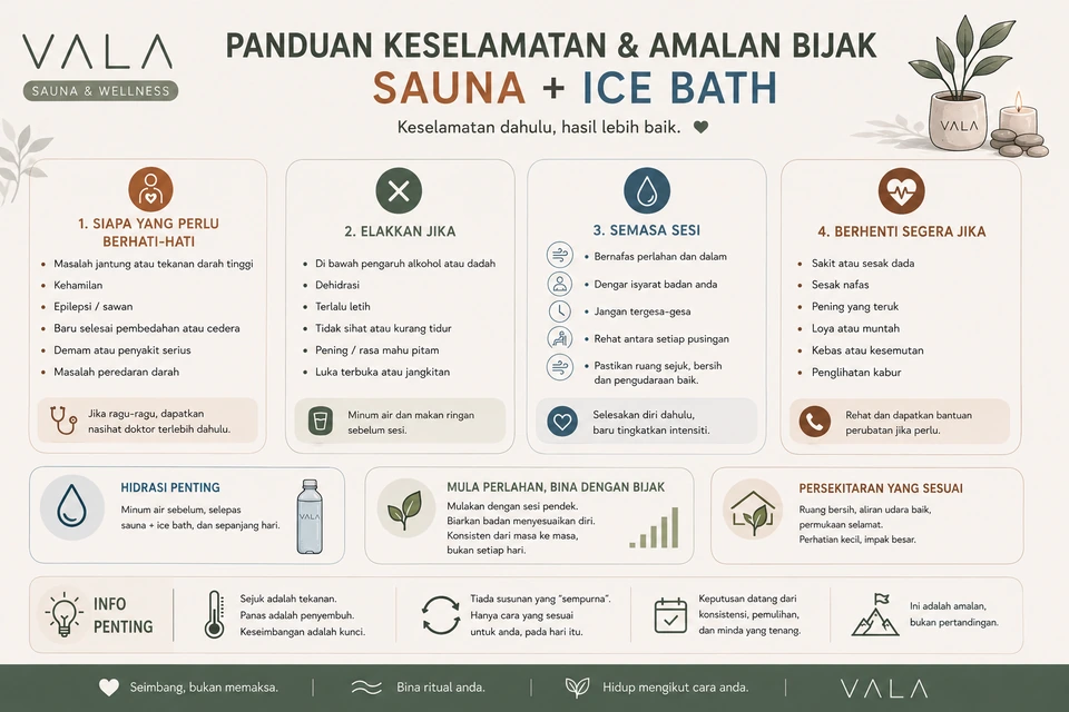 Ringkasan langkah berjaga-jaga dan amalan selamat untuk sauna dan Ice Bath. Maklumat yang sama ditulis di sebelah imej.