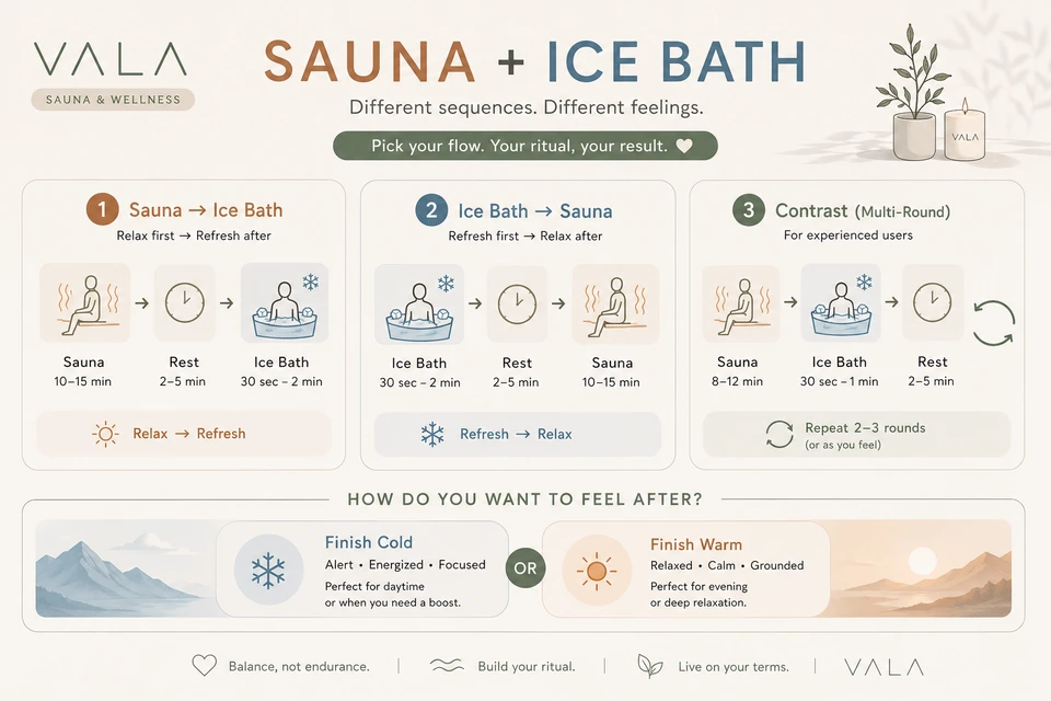 Summary of how to sequence sauna and Ice Bath, with suggested timings. The same details are written beside the image.