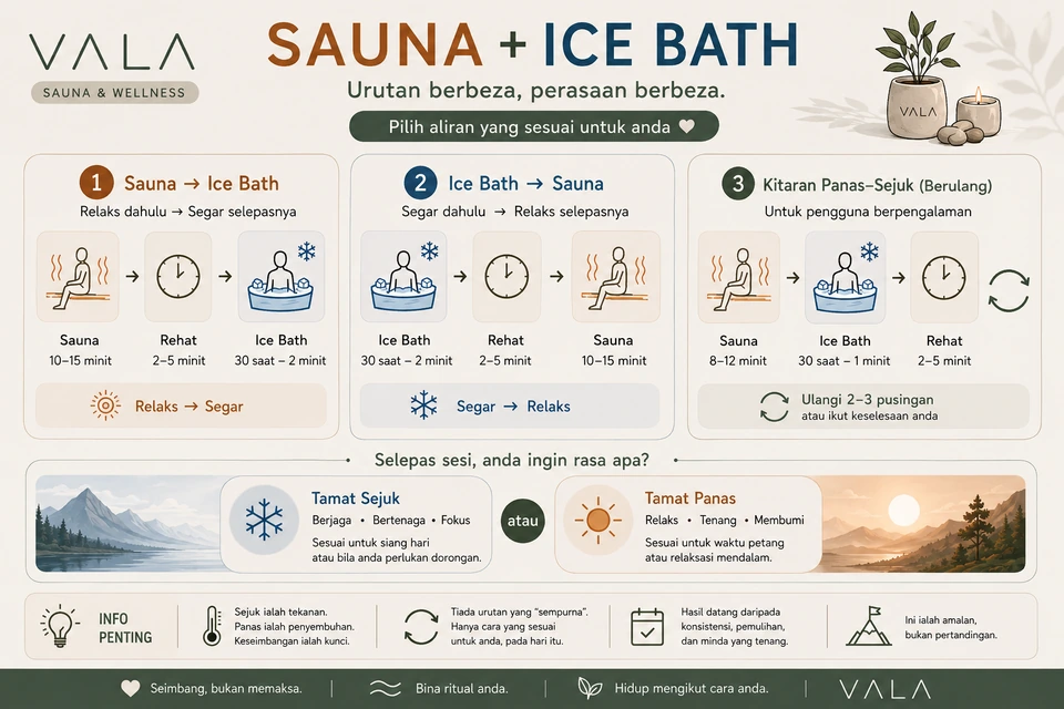Ringkasan susunan sauna dan Ice Bath berserta masa yang dicadangkan. Maklumat yang sama ditulis di sebelah imej.